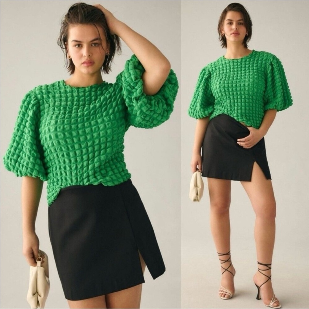Eri + ali green textured puff sleeve blouse. Anthropologie (xl)